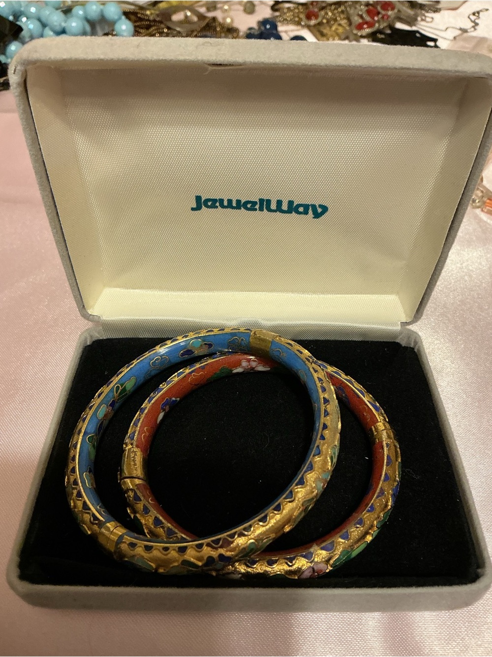Vintage JewelWay Cloisonné Enamel Bracelet Trio - Blue, Red, Green, Gold